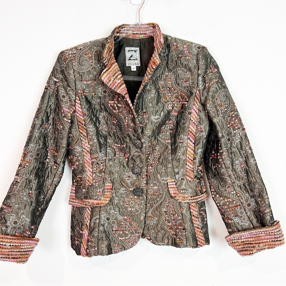 ZELDA BROWN ORANGE EMBROIDERED SATEEN FABRIC RHINESTONE BUTTON JACKET SZ 4
